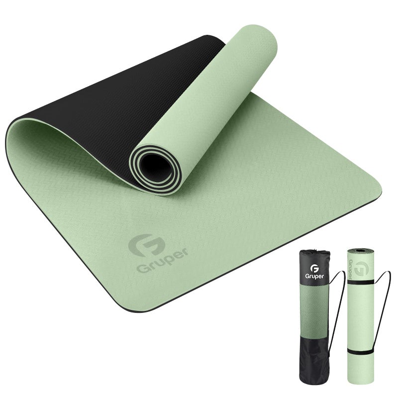 Gruper Yoga Mat Non Slip, Eco Friendly Fitness Exercise Mat with Carrying Strap,Pro Yoga Mats for Women,Workout Mats for Home, Pilates and Floor Exercises (Matcha Green/Black, Thickness-6mm) - Image 1